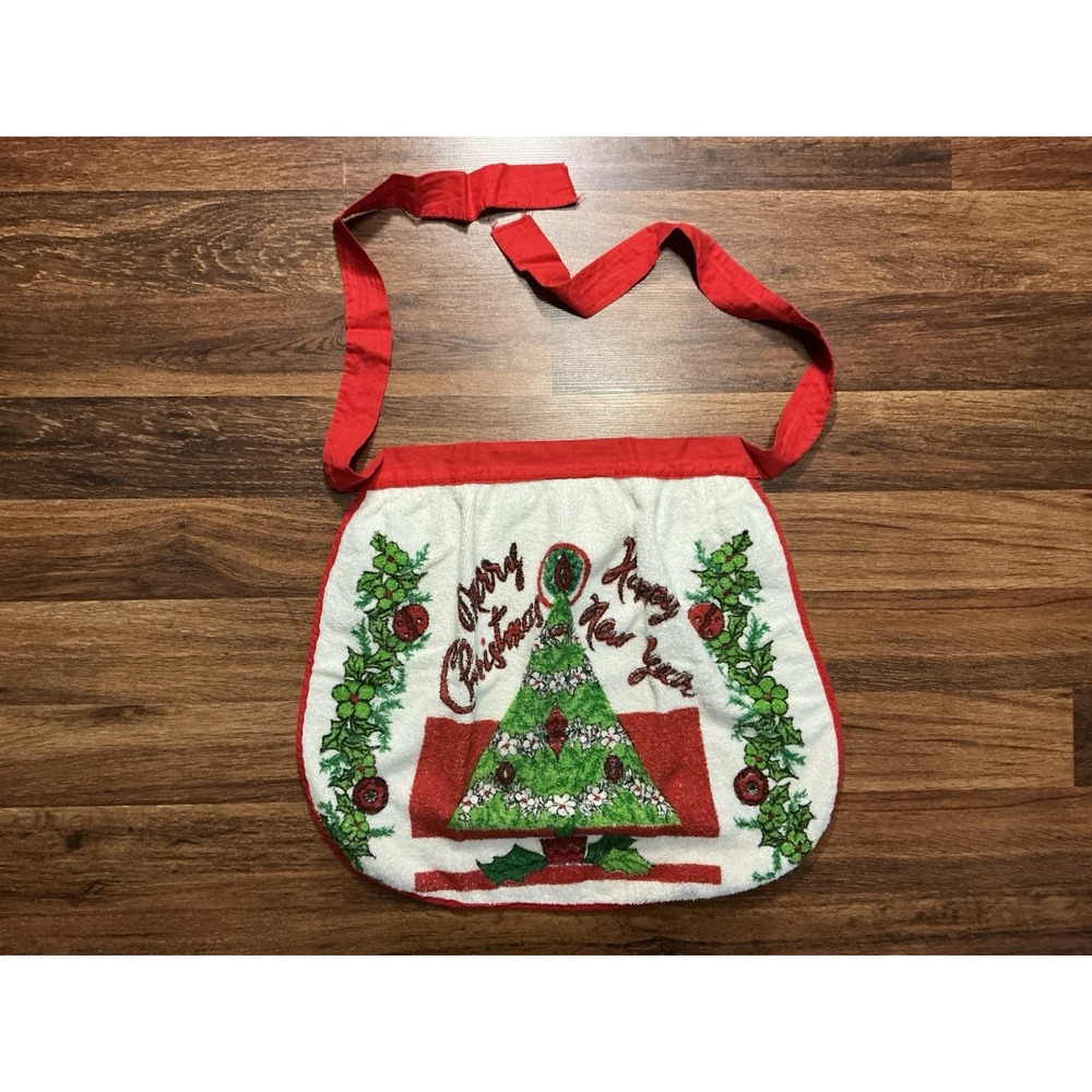 Vtg Half Apron Terry Cloth Towel Tie Waist MERRY CHRISTMAS / HAPPY NEW YEAR EUC